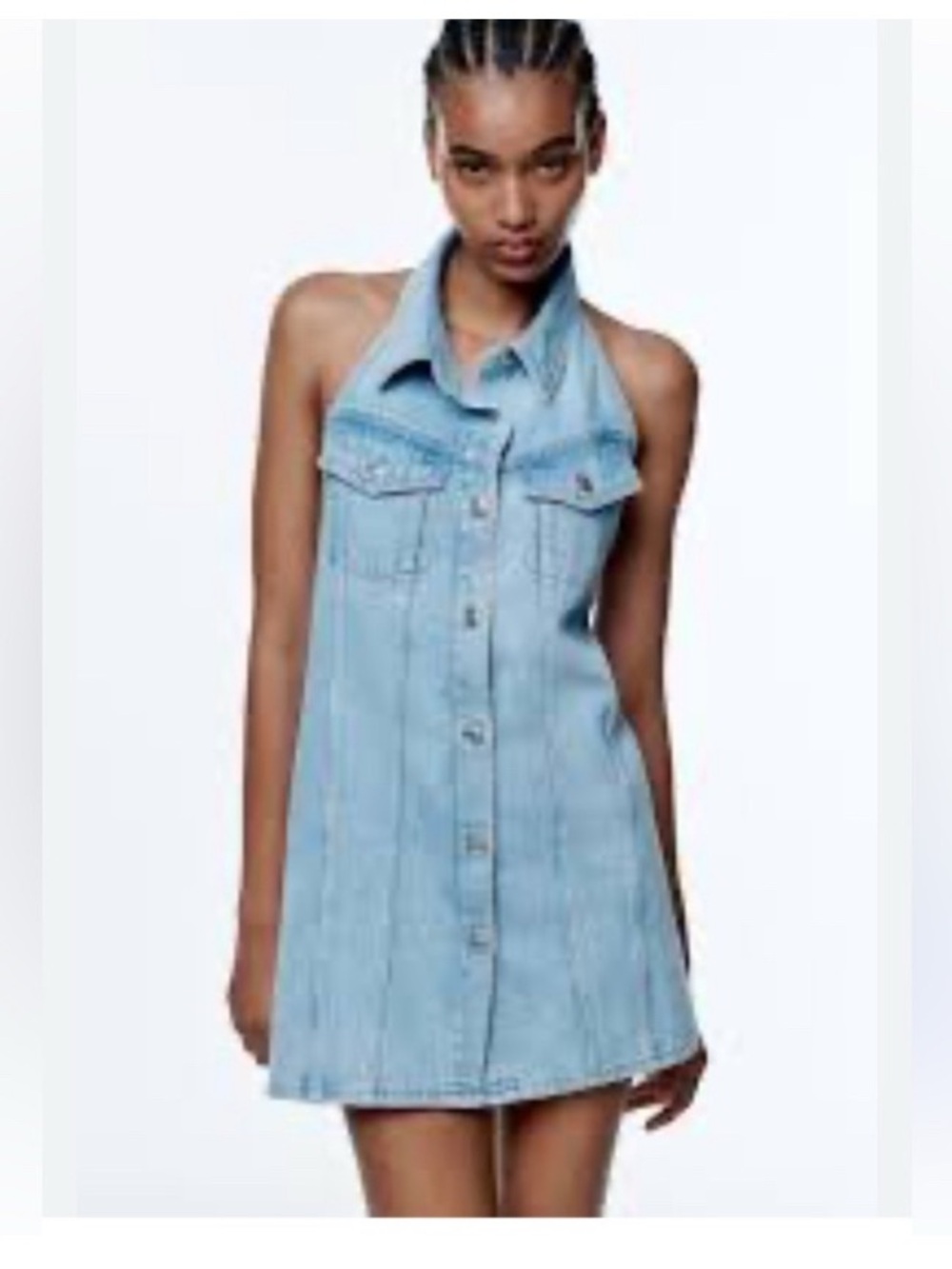Zara Light Wash Denim Halter Mini Dress Open Back Button Front Medium